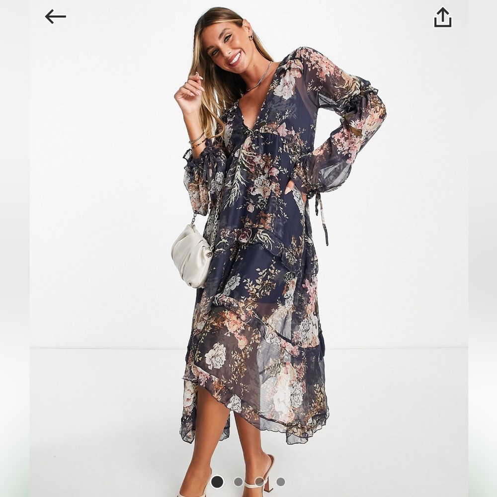 ASOS Floral Tiered Long Sleeve Midi Dress